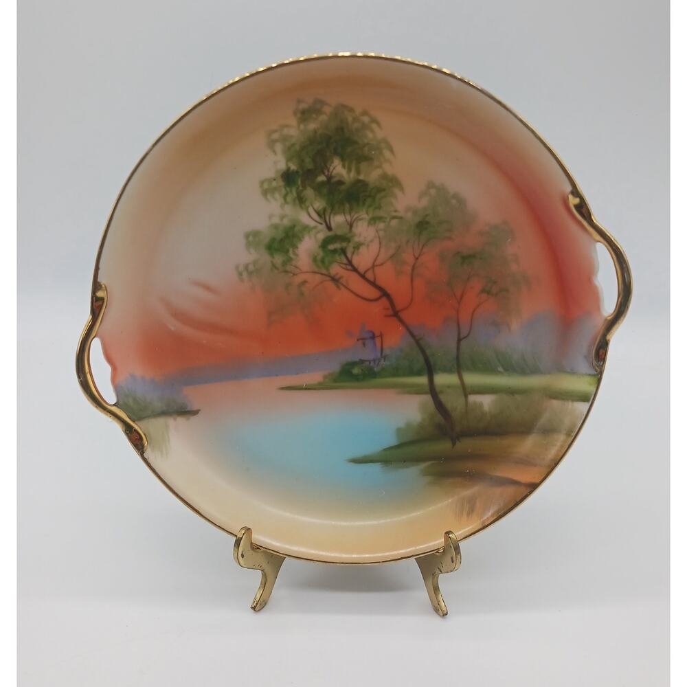 VTG Noritake Handled Hand Painted Round Serving Plate Landscape Tree in Meadow